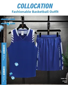 Detailed view of blue breathable mesh basketball set with V-neck vest and striped shorts