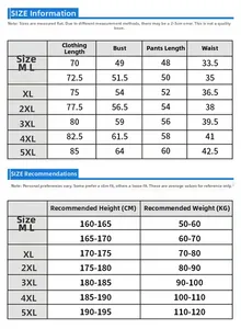 Tableau des tailles détaillé pour ensemble de sport homme avec mesures du M au 5XL