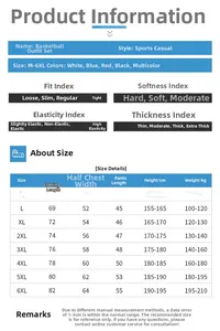 Size chart for men's quick-dry sports set showing measurements from M to 6XL with fit details