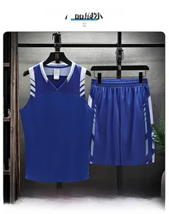 Front view of royal blue quick-dry sports set with white stripes on breathable mesh fabric