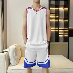 Men's breathable mesh basketball jersey set in white with red and blue striped accents