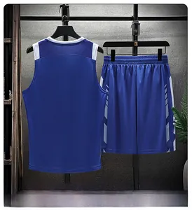 Rear view of royal blue breathable mesh basketball set with athletic side stripes