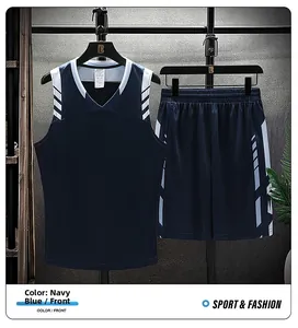 Front view of navy blue ice silk sports set with white stripes on mesh breathable fabric