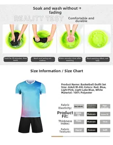 Detail of colorfast test and blue pink gradient soccer jersey set in 100% polyester
