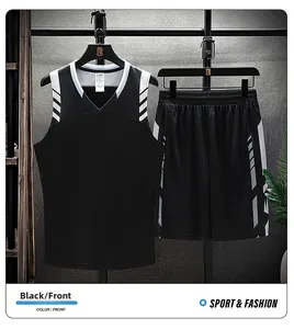 Detail of black breathable mesh basketball set with V-neck jersey and striped shorts