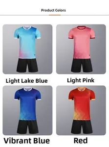 Detailed color options for quick-dry soccer jerseys in blue, pink, royal blue, and red