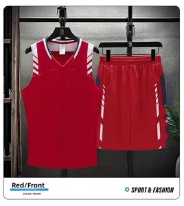Detail of red quick-dry basketball set featuring V-neck mesh jersey and striped shorts