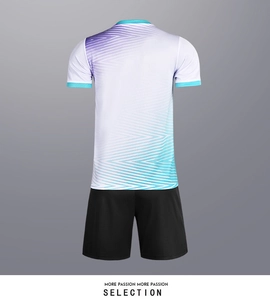 Rear view of a quick-dry soccer uniform featuring purple gradient and geometric textures