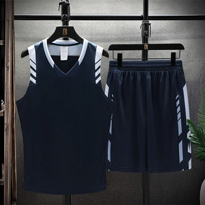 Men's dark blue quick-dry ice silk basketball suit with breathable mesh tank and shorts