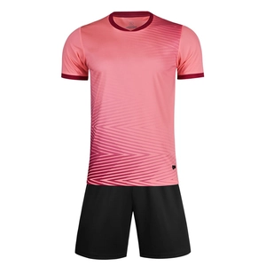 Pink and maroon soccer training kit with gradient pattern, quick-dry jersey and black shorts