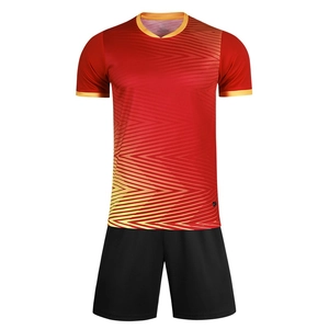 Men's soccer training set featuring a red short sleeve jersey and black athletic shorts