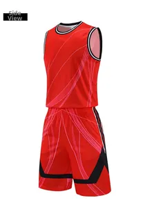 Vue latérale d'un ensemble de basket-ball rouge à séchage rapide avec tissu en maille respirant