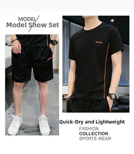 Détails de l'ensemble de sport à séchage rapide avec t-shirt noir et short à rayures oranges