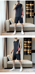 Men's quick-dry breathable sports set with red gradient print and sport logo details