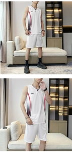 Detail of white breathable men's sports vest featuring SPORT print and gradient side stripes