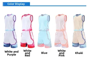 Five sets of men's athletic basketball uniforms in various colors with side tape details