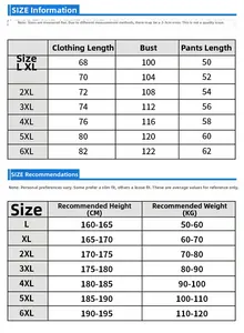 Detailed men sports suit size chart with measurements from L to 6XL for height and weight
