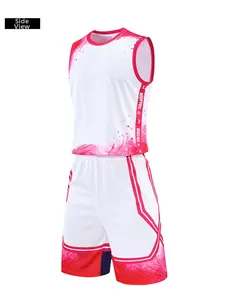 Detailed side view of breathable mesh basketball jersey and shorts with pink graphics