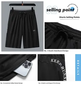 Detail of men's ice silk shorts showing elastic waist, pockets and mesh fabric texture