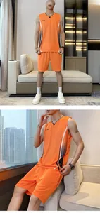 Detail of orange men's basketball jersey set with breathable quick-dry mesh fabric