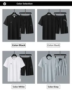 Detail of men's quick-dry ice silk sports sets showing black, white, and grey color options