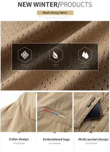 Detail of breathable mesh lining and zippered multi-pockets on men's khaki outdoor vest