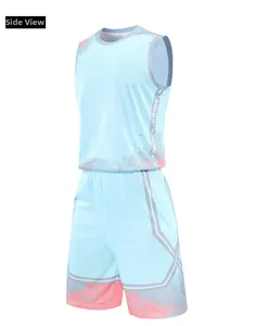 Side view of men's basketball jersey set in light blue with orange splash patterns