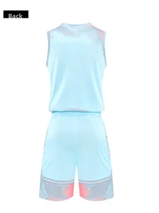 Rear view of light blue mesh basketball set featuring colorful paint splatter patterns