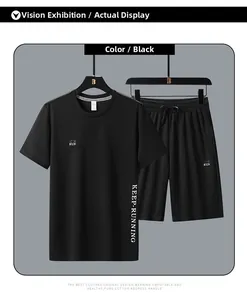 Detail of black ice silk dry-fit sports set with RUN print on T-shirt and shorts