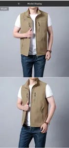 Front and side view of men's khaki quick-dry outdoor utility vest with zip pockets