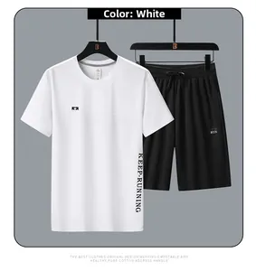 Detail of men's quick-dry ice silk sports set featuring white T-shirt and black shorts