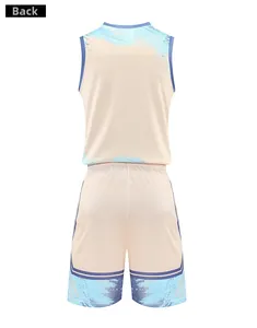 Back view of men's basketball uniform set featuring breathable mesh fabric and blue patterns