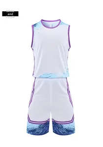 Detail of white and purple basketball jersey set featuring breathable mesh fabric and graphics