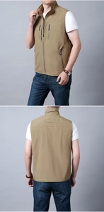 Detail view of khaki quick-dry fishing vest showing multi-pocket design and stand collar