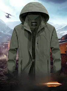 Detail of olive green tactical outdoor jacket featuring vertical zippers and drawstring hood