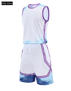 Detail of white men's basketball uniform set featuring breathable mesh and blue patterns
