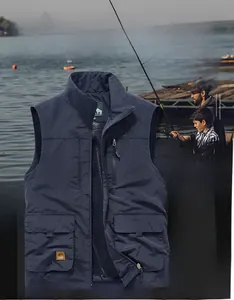Detail of navy blue multi-pocket utility vest with mesh lining and stand-collar design