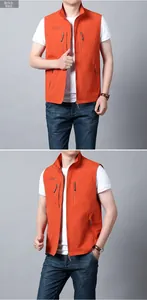 Detail view of brick red quick-dry men vest featuring multiple utility zipper pockets