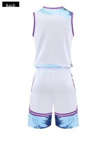 Rear view of white breathable mesh basketball jersey set with purple trim and splash pattern