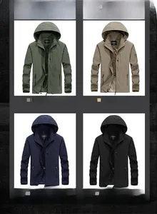Outdoor jackets in army green, khaki, deep blue, and black with hooded collars