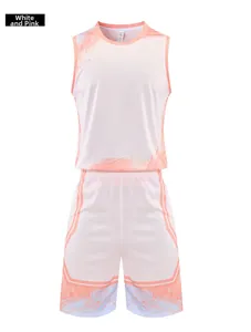 Detail of men's breathable basketball jersey set in pink and white gradient mesh fabric
