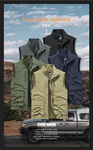Detail of multi-pocket utility vests in five colors with breathable mesh lining