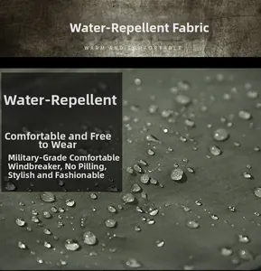 Close-up of water-resistant military green outdoor jacket fabric with droplets