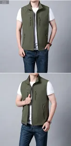Detail view of military green quick-dry outdoor vest with multiple zipper pockets for men