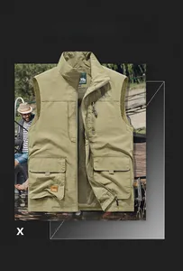 Detailed view of khaki vest with multi-pockets, stand collar and breathable mesh lining