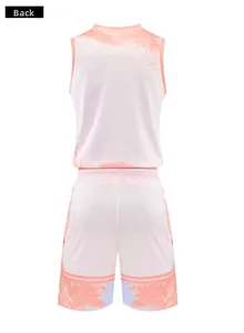 Back view of men's basketball uniform set featuring white-pink gradient and splatter design