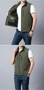Detail of army green quick-dry vest showing multi-pocket design and breathable mesh lining