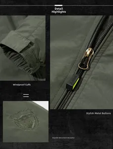 Detail view of military green outdoor jacket featuring velcro cuffs and embroidered logo