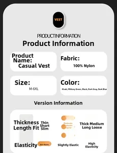 Detailed fabric specification of nylon casual vest with multi-pocket design and sizing info