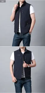 Detail of royal blue quick-dry outdoor vest with four zip pockets and standing collar